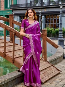 Odette - Women Maroon Chiffon Embroidered Saree with Unstitched Blouse