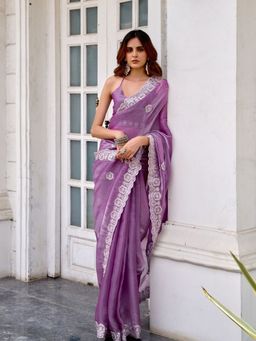 Odette - Women Lavender Chiffon Embroidered Saree with Unstitched Blouse