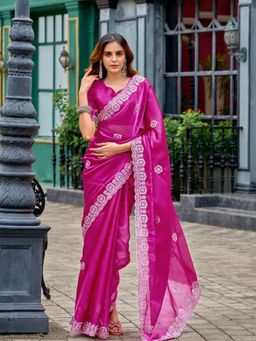 Odette - Women Magenta Chiffon Embroidered Saree with Unstitched Blouse