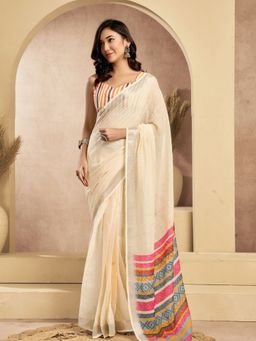 Odette - Women Cream Cotton Linen Solid/Plain Saree with Unstitched Blouse
