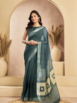 Odette - Women Green Cotton Linen Geometric Saree with Unstitched Blouse