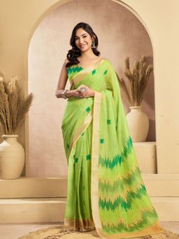 Odette - Women Green Cotton Linen Abstract Saree with Unstitched Blouse