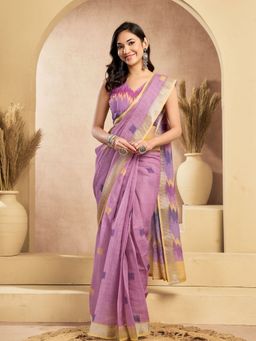Odette - Women Pink Cotton Linen Abstract Saree with Unstitched Blouse