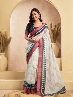 Odette - Women Off White Cotton Linen Abstract Saree with Unstitched Blouse