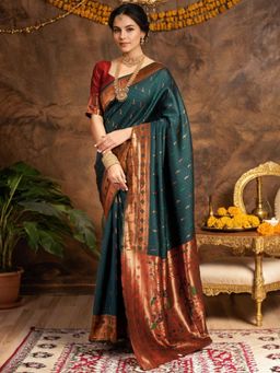 Odette - Women Green Silk Woven Saree with Unstitched Blouse