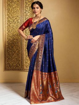 Odette - Women Navy Blue Silk Woven Saree with Unstitched Blouse