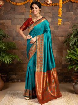 Odette - Women Turquoise Silk Woven Saree with Unstitched Blouse