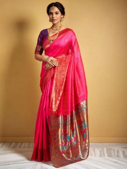 Odette - Women Magenta Silk Woven Saree with Unstitched Blouse