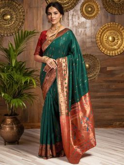 Odette - Women Green Silk Woven Saree with Unstitched Blouse
