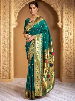 Odette - Women Green Silk Woven Saree with Unstitched Blouse