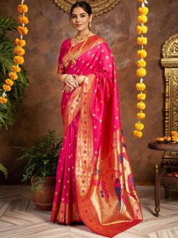 Odette - Women Magenta Silk Woven Saree with Unstitched Blouse