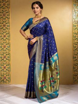 Odette - Women Navy Blue Silk Woven Saree with Unstitched Blouse