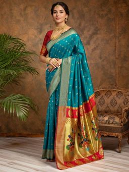 Odette - Women Blue Silk Woven Saree with Unstitched Blouse