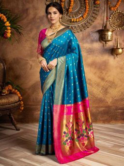 Odette - Women Blue Silk Woven Saree with Unstitched Blouse
