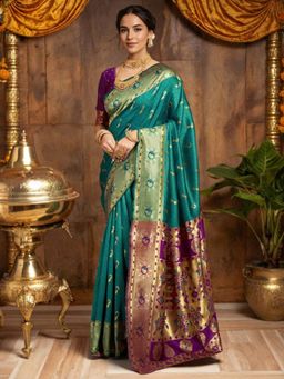 Odette - Women Green Silk Woven Saree with Unstitched Blouse