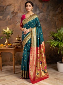 Odette - Women Teal Silk Woven Saree with Unstitched Blouse