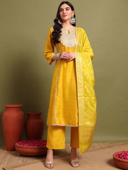 Mahukaa - Women Yellow Embroidered Kurta with Pant and Dupatta