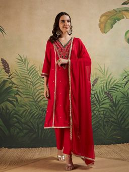 Mahukaa - Women Red Embroidered Kurta with Pant and Dupatta