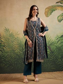 Mahukaa - Women Teal Embellished Kurta with Crop Top & Pant and Dupatta