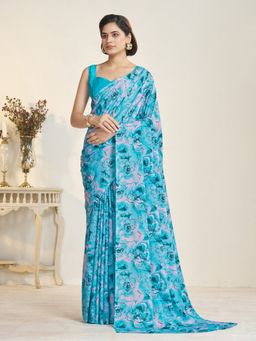 Garden VARELI - Women Crepe Floral Blue Saree with Unstitched Blouse