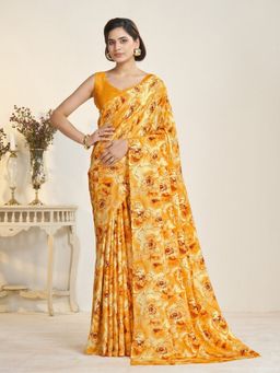 Garden VARELI - Women Crepe Floral Printed Orange Saree with Unstitched Blouse