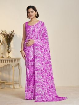 Garden VARELI - Women Crepe Abstract Printed Purple Saree with Unstitched Blouse