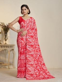 Garden VARELI - Women Crepe Abstract Printed Red Saree with Unstitched Blouse