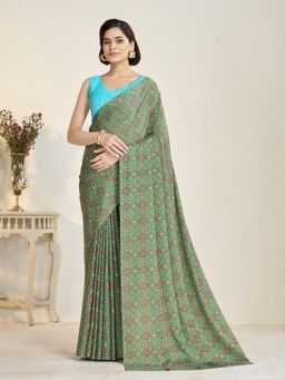 Garden VARELI - Women Crepe Geometric Printed Green Saree with Unstitched Blouse