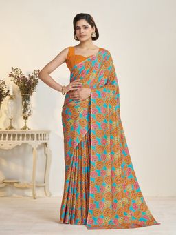 Garden VARELI - Women Crepe Floral Printed Blue Saree with Unstitched Blouse