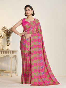 Garden VARELI - Women Crepe Floral Printed Green Saree with Unstitched Blouse