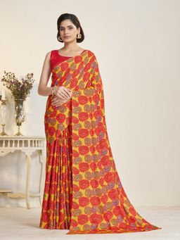 Garden VARELI - Women Crepe Floral Printed Yellow Saree with Unstitched Blouse