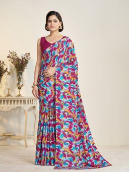 Garden VARELI - Women Crepe Abstract Printed Magenta Saree with Unstitched Blouse