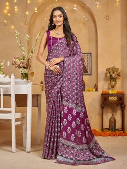 Garden VARELI - Women Crepe Satin Floral Printed Wine Saree with Unstitched Blouse