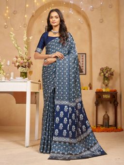 Garden VARELI - Women Crepe Satin Floral Printed Blue Saree with Unstitched Blouse