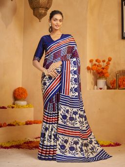Garden VARELI - Blue Women Crepe Satin Floral Printed Saree with Unstitched Blouse