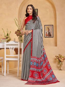 Garden VARELI - Women Crepe Satin Striped Printed Red Saree with Unstitched Blouse