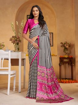 Garden VARELI - Women Crepe Satin Striped Printed Magenta Saree with Unstitched Blouse