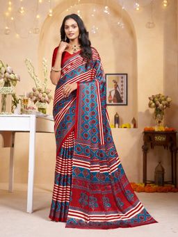 Garden VARELI - Women Crepe Satin Geometric Printed Red Saree with Unstitched Blouse
