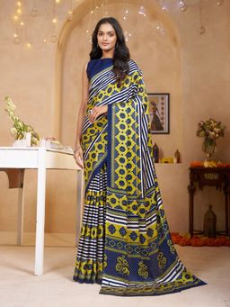 Garden VARELI - Women Crepe Satin Geometric Blue Saree with Unstitched Blouse