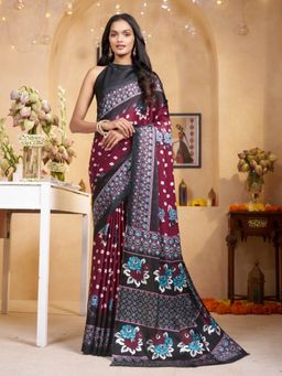Garden VARELI - Women Crepe Satin Floral Printed Wine Saree with Unstitched Blouse