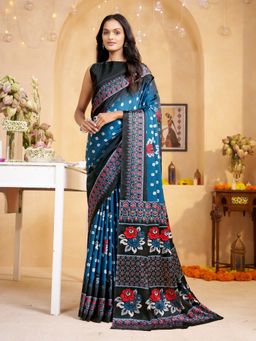 Garden VARELI - Women Crepe Satin Floral Printed Teal Saree with Unstitched Blouse