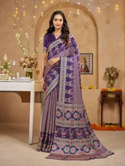 Garden VARELI - Women Crepe Satin Floral Printed Purple Saree with Unstitched Blouse