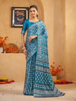 Garden VARELI - Women Crepe Satin Paisley Printed Blue Saree with Unstitched Blouse