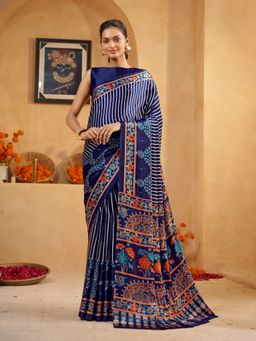 Garden VARELI - Women Crepe Satin Striped Printed Blue Saree with Unstitched Blouse