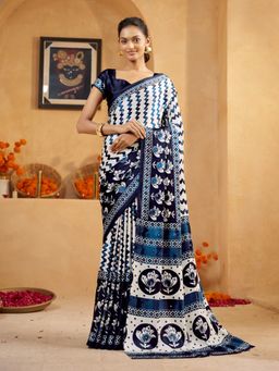 Garden VARELI - Women Crepe Satin Chevron Floral Printed Navy Blue Saree with Unstitched Blouse