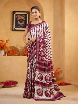 Garden VARELI - Women Crepe Satin Chevron Floral Printed Wine Saree with Unstitched Blouse