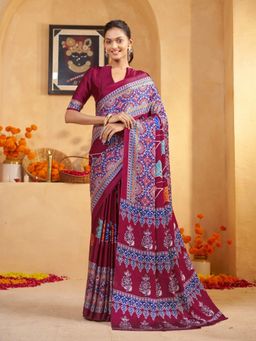 Garden VARELI - Women Crepe Satin Floral Printed Wine Saree with Unstitched Blouse