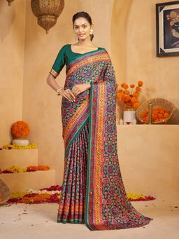 Garden VARELI - Women Crepe Satin Floral Printed Green Saree with Unstitched Blouse