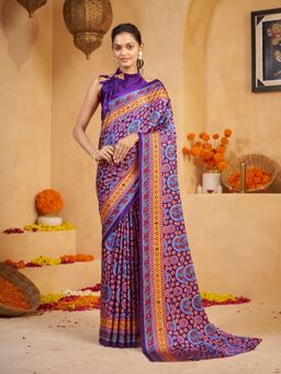 Garden VARELI - Women Crepe Satin Floral Printed Purple Saree with Unstitched Blouse
