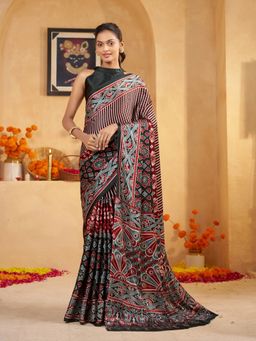 Garden VARELI - Women Crepe Satin Geometric Printed Black Saree with Unstitched Blouse